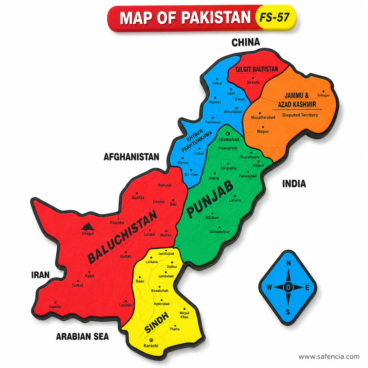 Pakistan foam map chart showing Jammu and Azad Kashmir in orange beside the compass rose