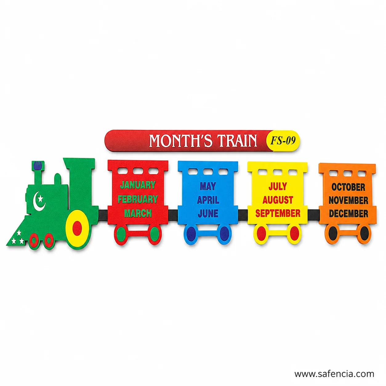 Months train foam set showing the crescent and star engine and all four month wagons