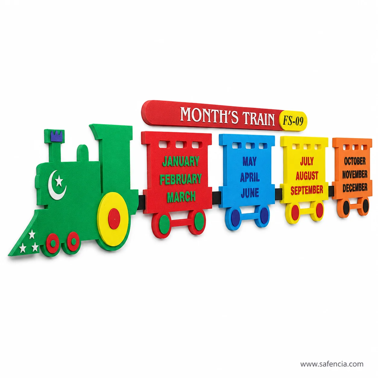Angled view of the months train showing raised foam letters standing off each wagon