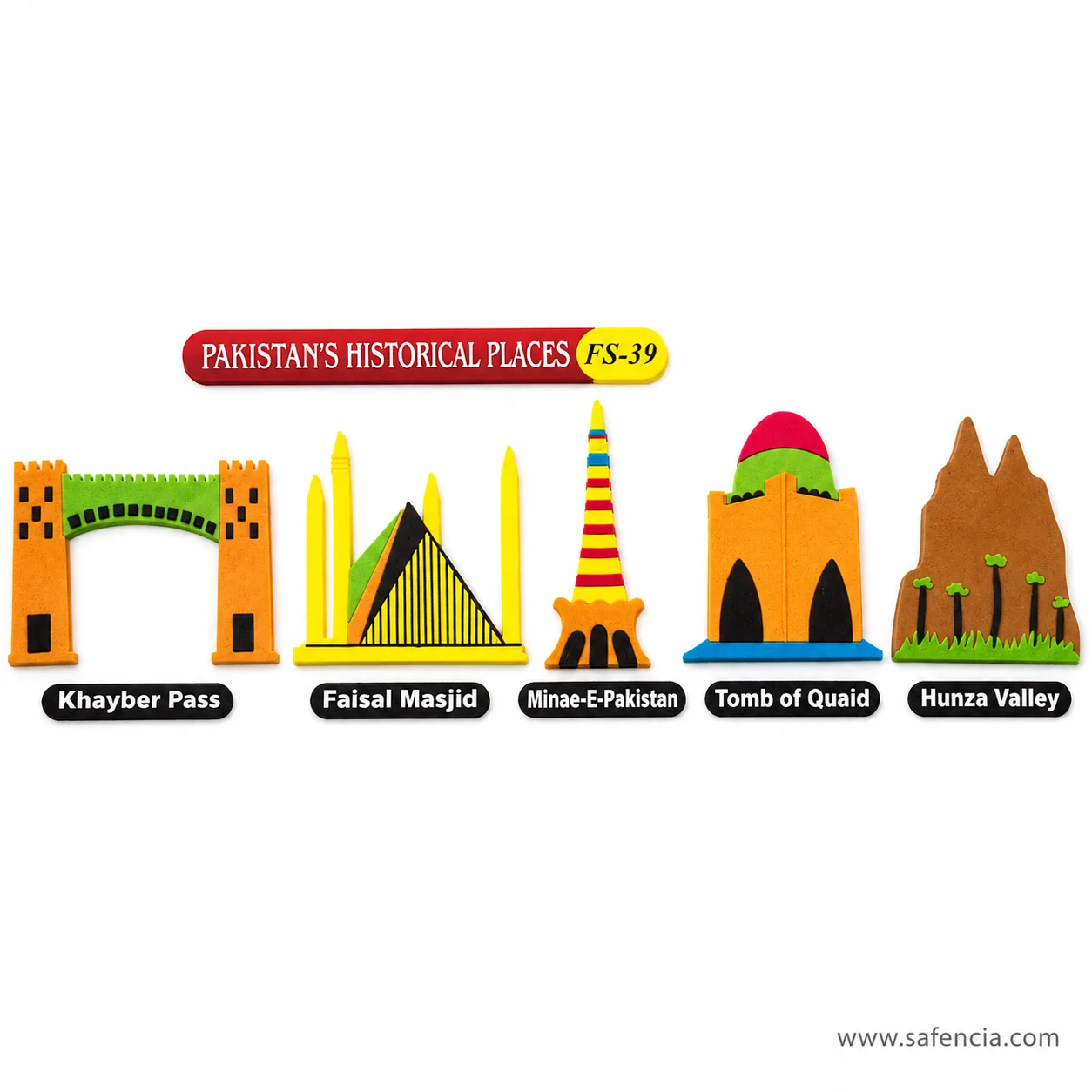 Angled view of the historical places set showing each landmark as a separate foam model