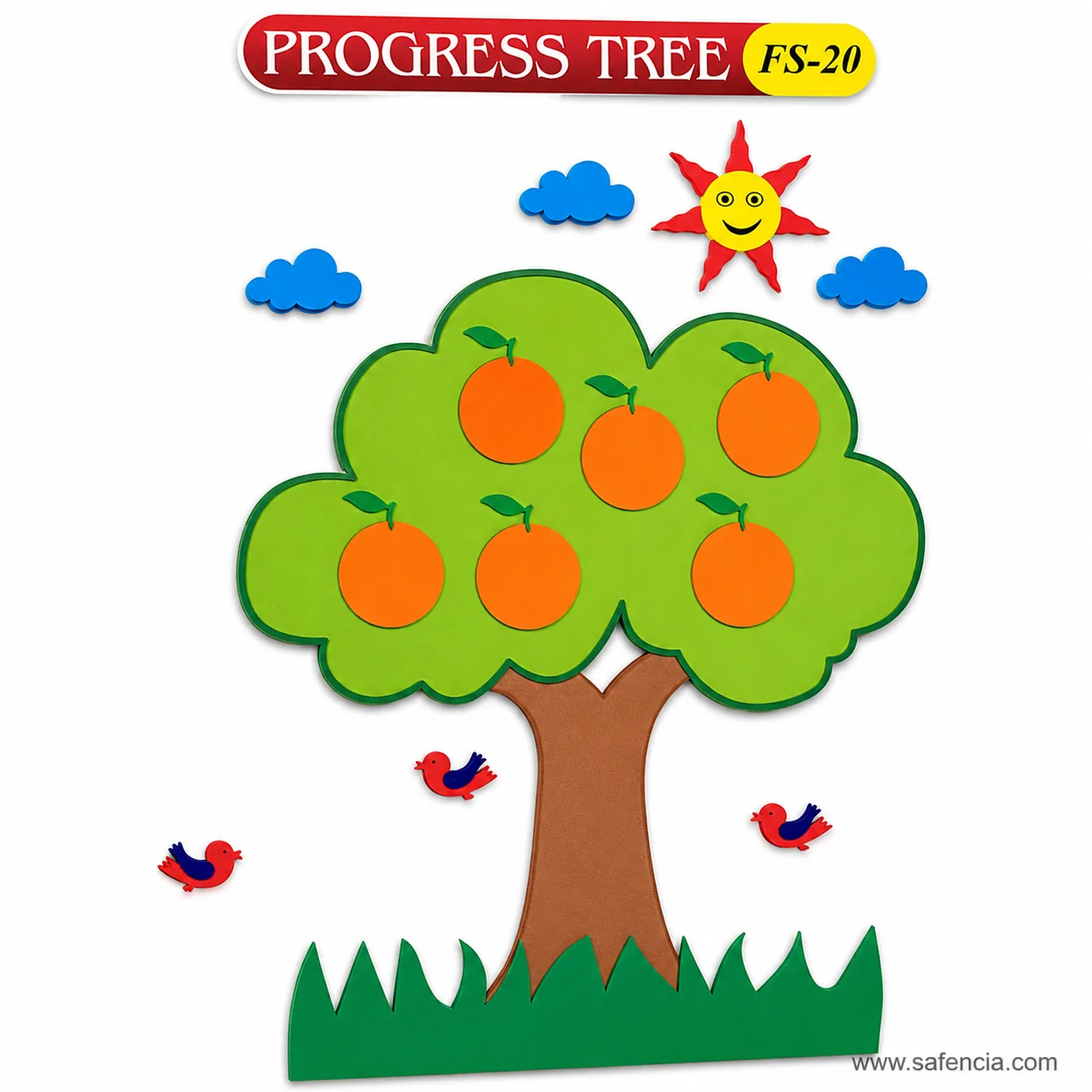 Angled view of the progress tree showing each fruit and cloud as a separate foam cut-out