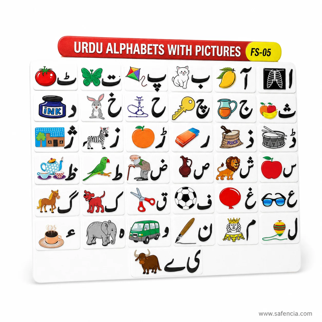 Angled view of the Urdu alphabet picture chart showing the white foam backing board