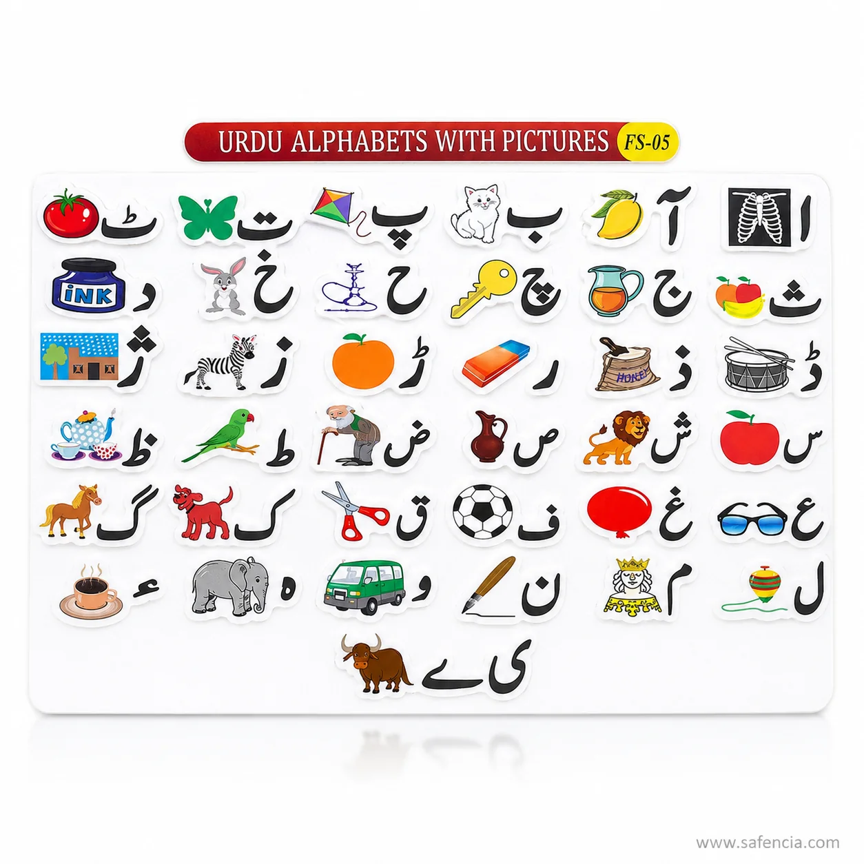Urdu alphabet picture chart with the red banner and the FS-05 model code in view