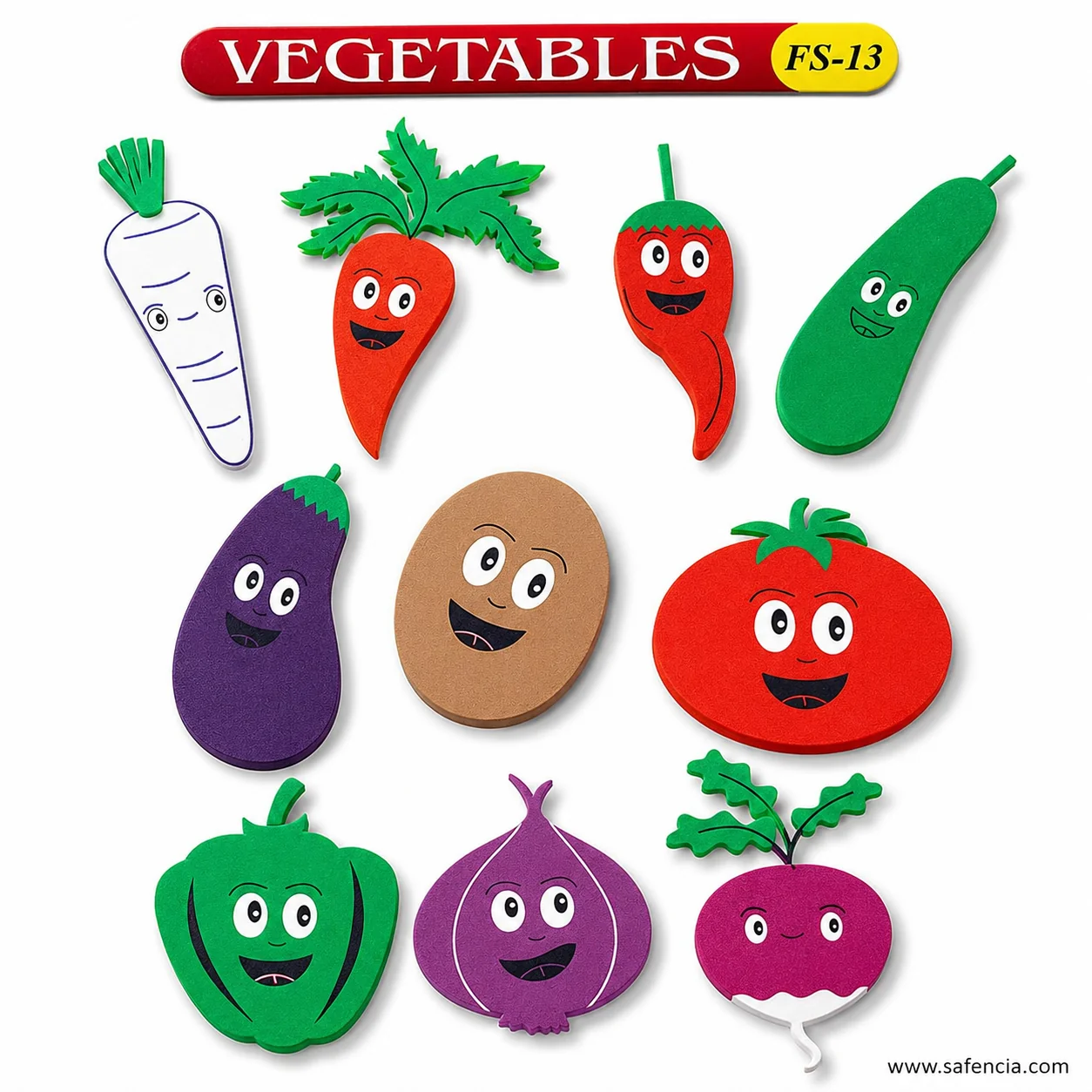 Angled view of the vegetables foam set showing the thickness of each cut-out piece
