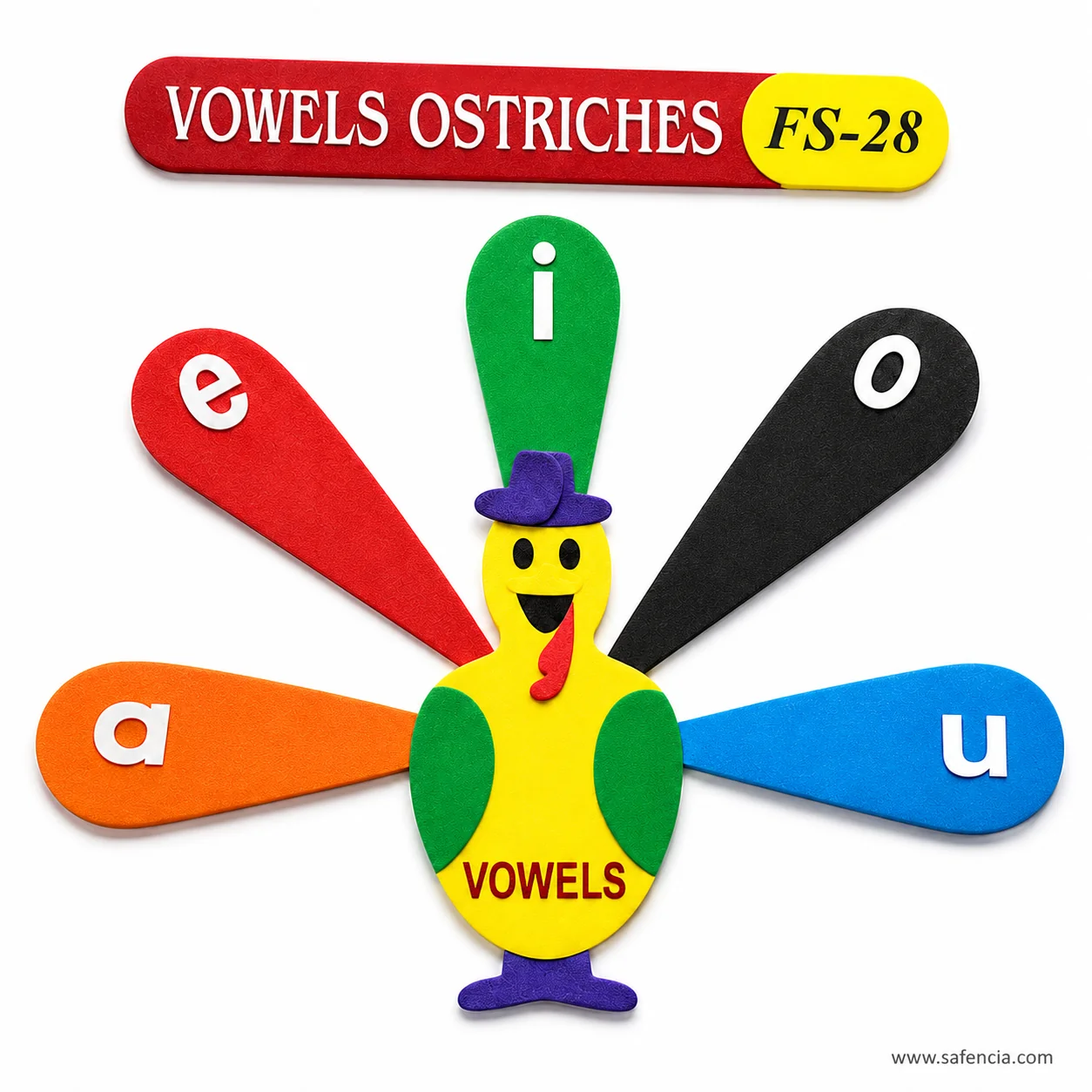 Angled view of the vowels ostrich showing each feather as a separate raised foam piece