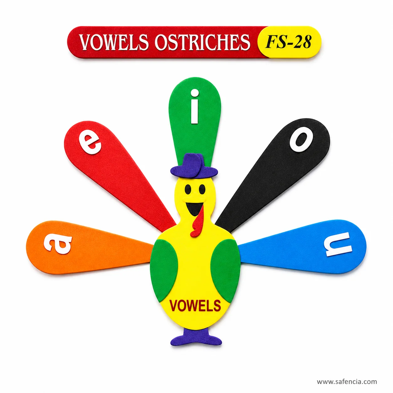 Vowels ostrich foam cut-out with the red banner and FS-28 model code in view