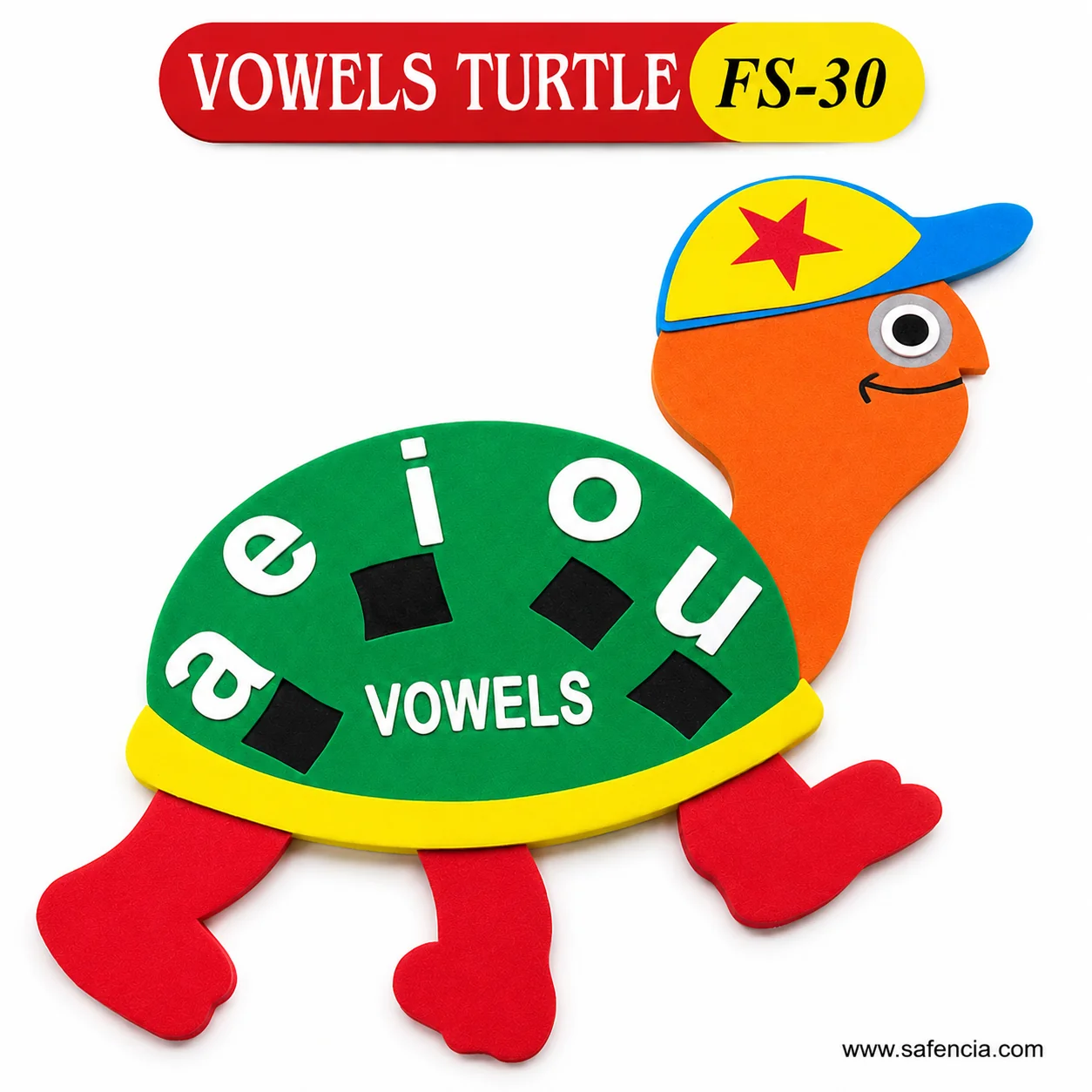 Angled view of the vowels turtle showing the raised shell, head and legs as foam pieces