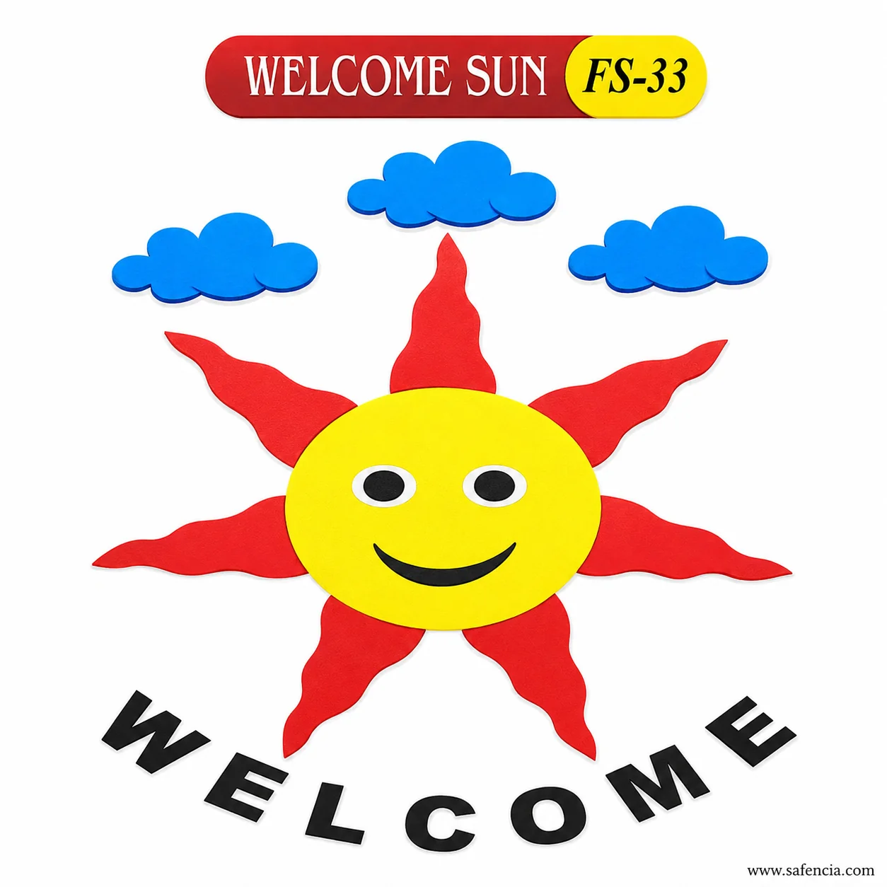 Angled view of the Welcome Sun showing each letter and cloud as a separate foam cut-out
