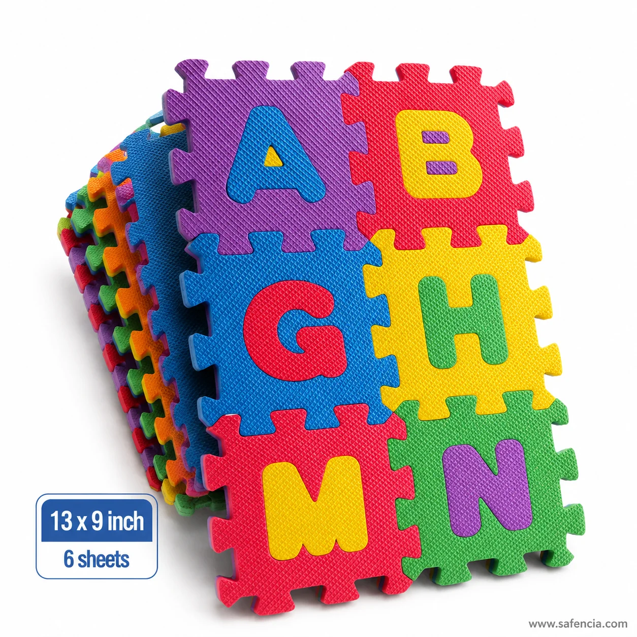 Flat layout of six interlocking alphabet foam tiles
