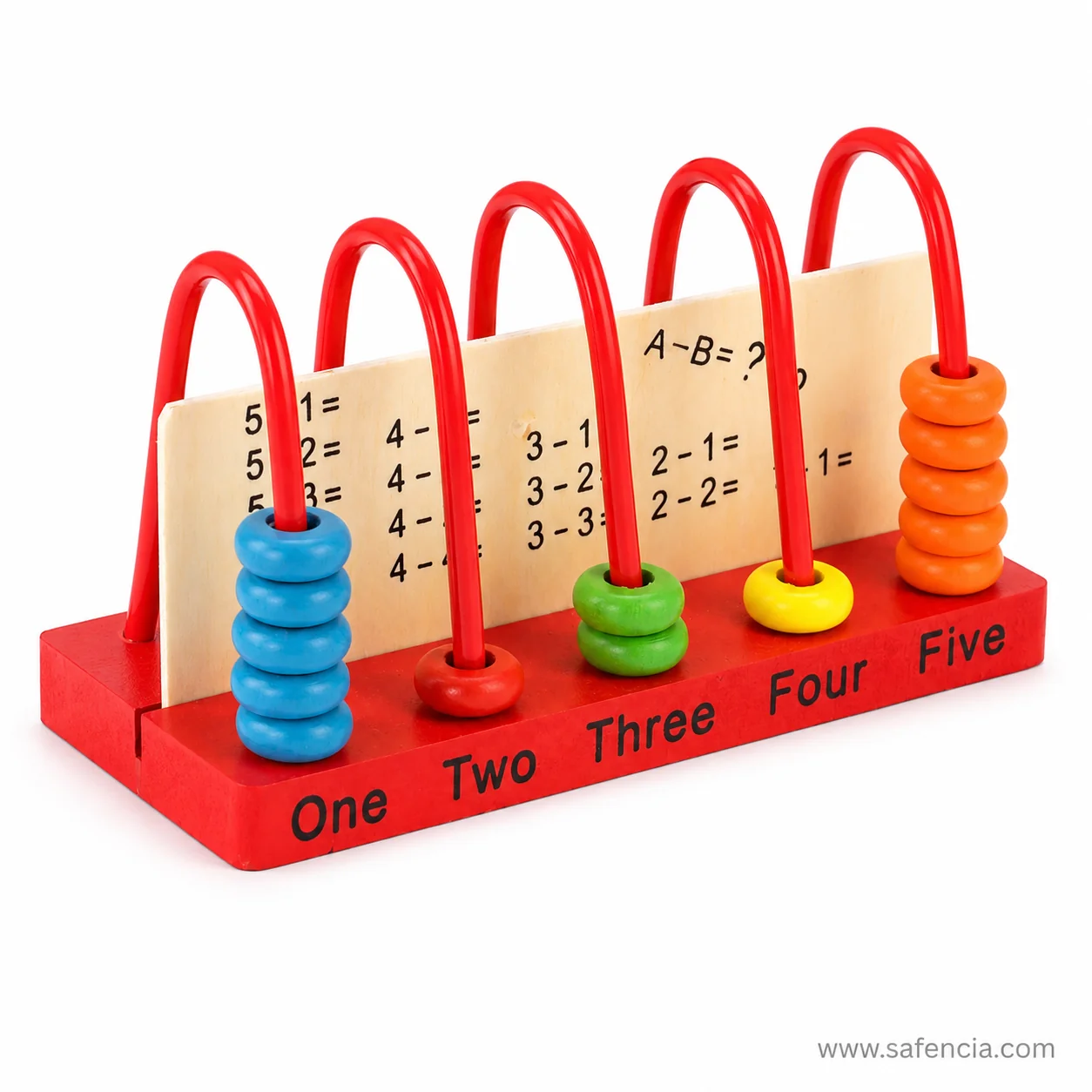 Angled view of the red counting frame base showing the five arched rods and word labels