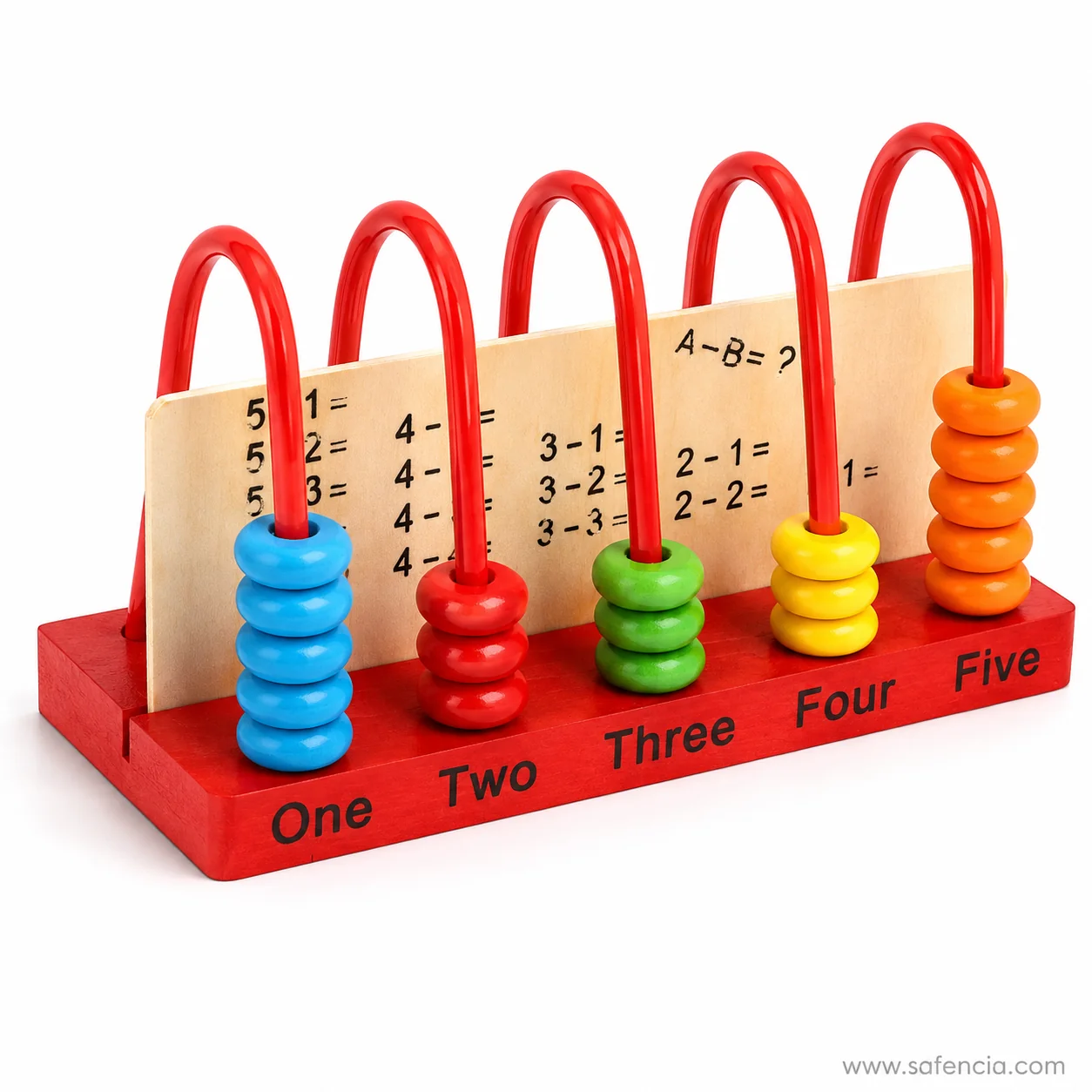 Counting and subtraction frame with several rings taken off the rods mid-sum