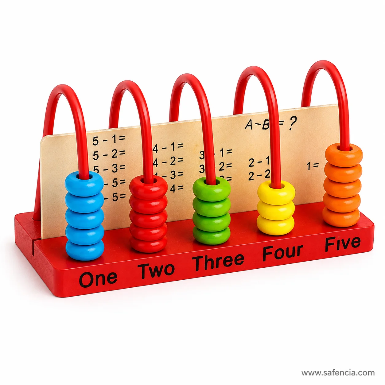 Counting frame with the standing card printed with subtraction sums behind the ring rods