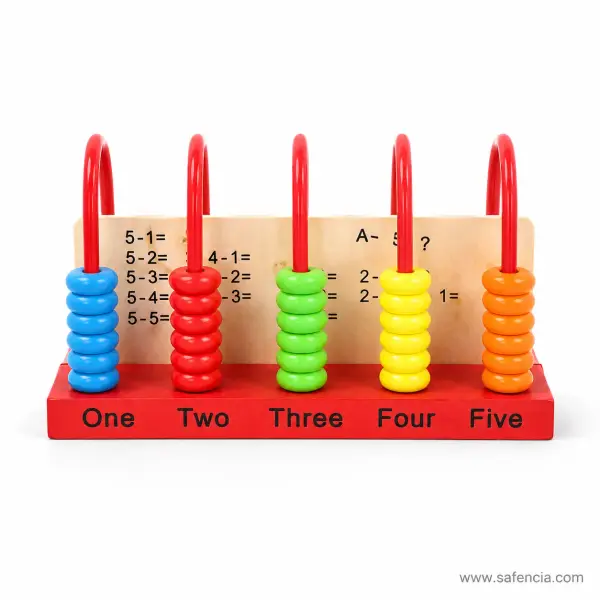 Wooden Counting and Subtraction Frame (Five Arched Rods with Rings and a Sums Card)