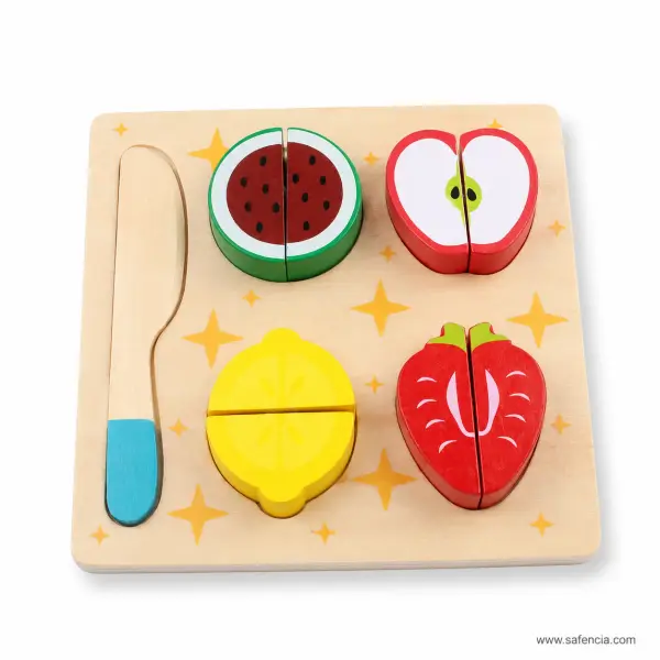 Wooden Cutting Fruits Puzzle Board (Four Fruits, Wooden Knife and Storage Tray)
