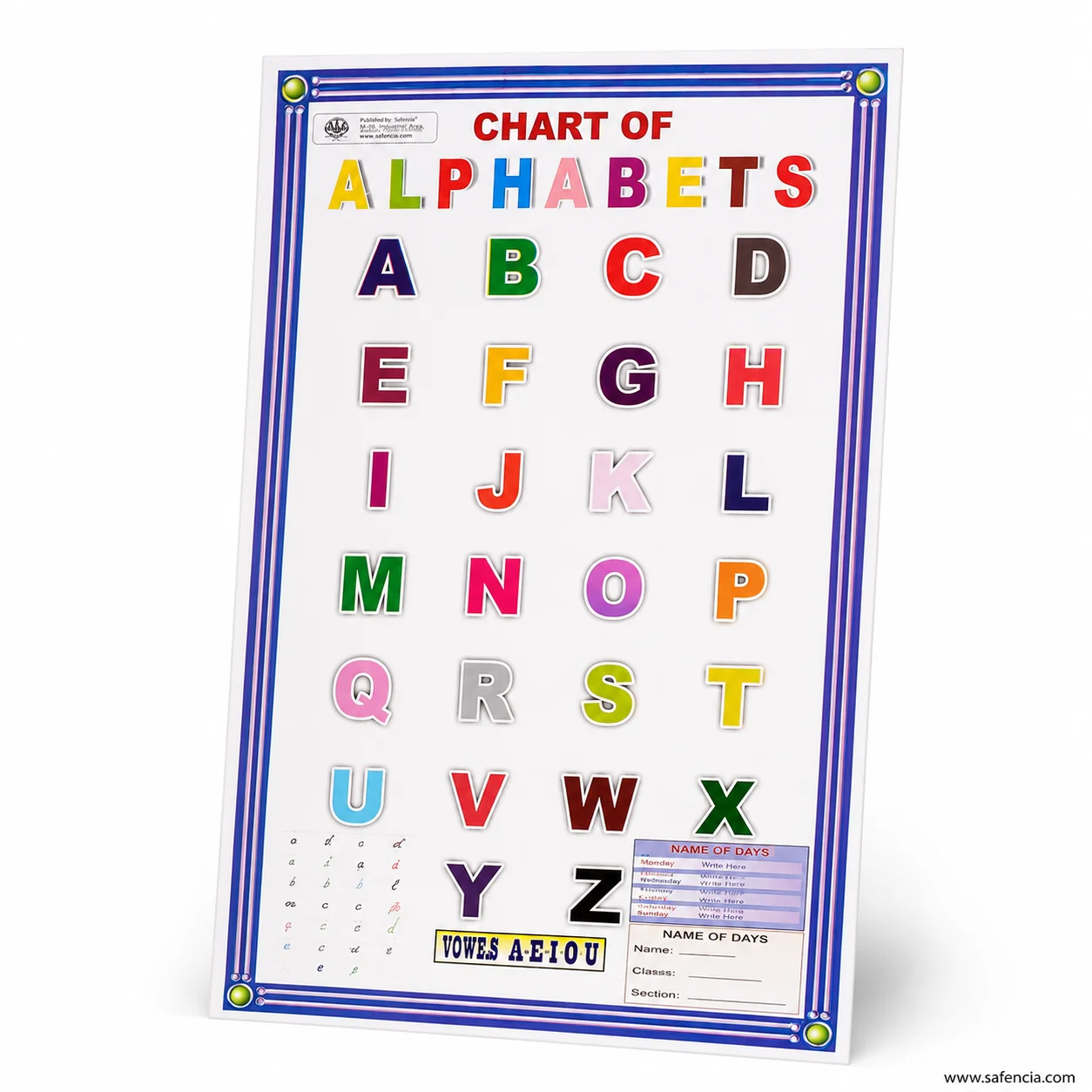 Alphabet wall chart seen at an angle showing the Name Class School panel of the second run