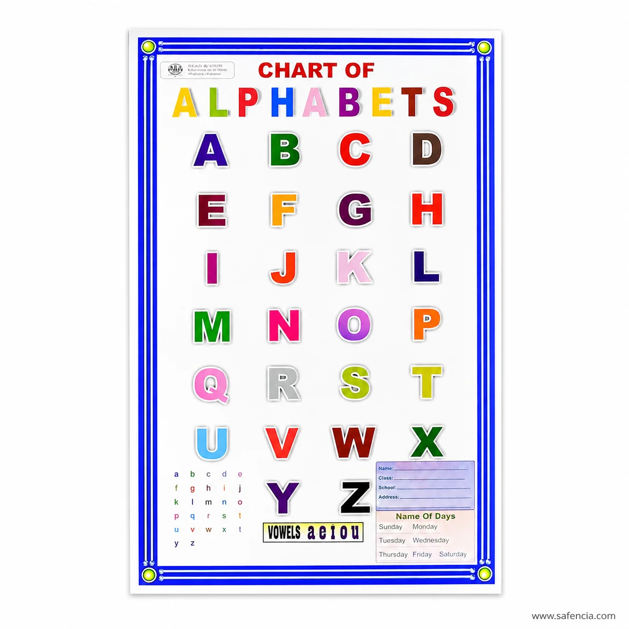 Flat view of the alphabet wall chart showing the vowels panel and the Name Of Days list