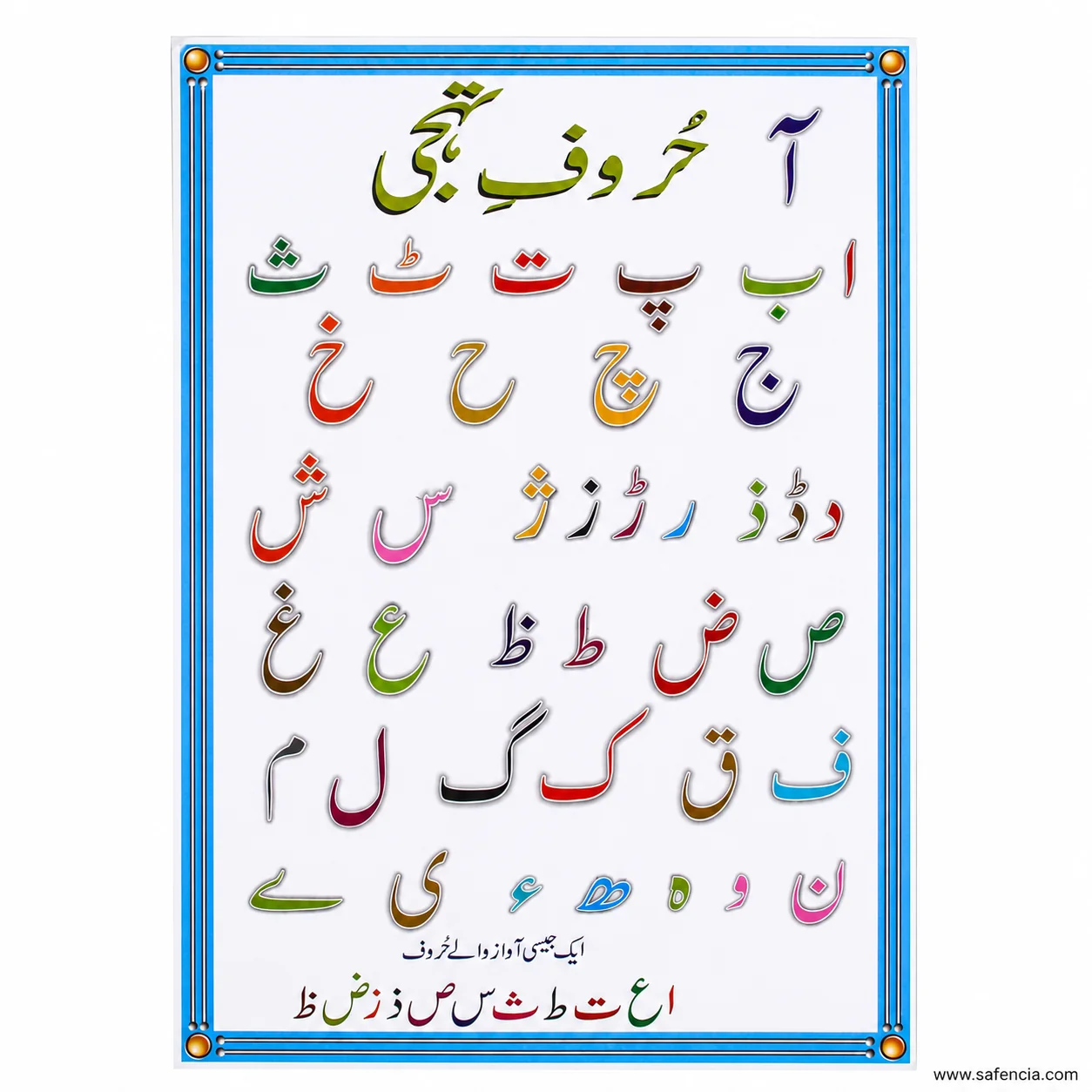 Flat view of the Urdu alphabet chart with the same-sound letter line legible at the foot