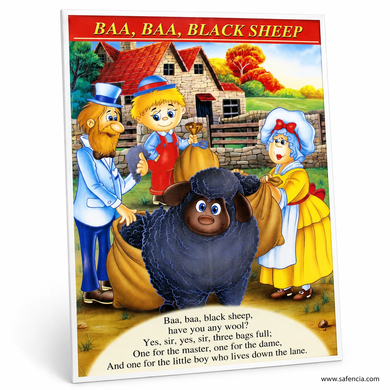 Black sheep rhyme chart at an angle showing the painted cottage and characters