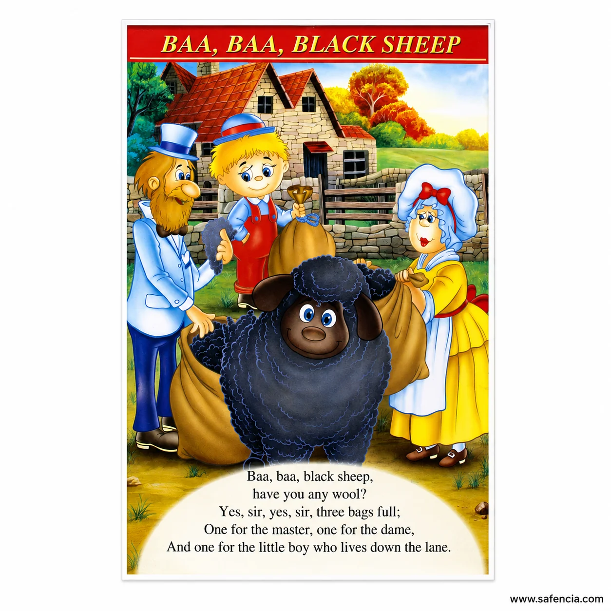 Flat view of the black sheep rhyme chart showing three sacks of wool in the scene