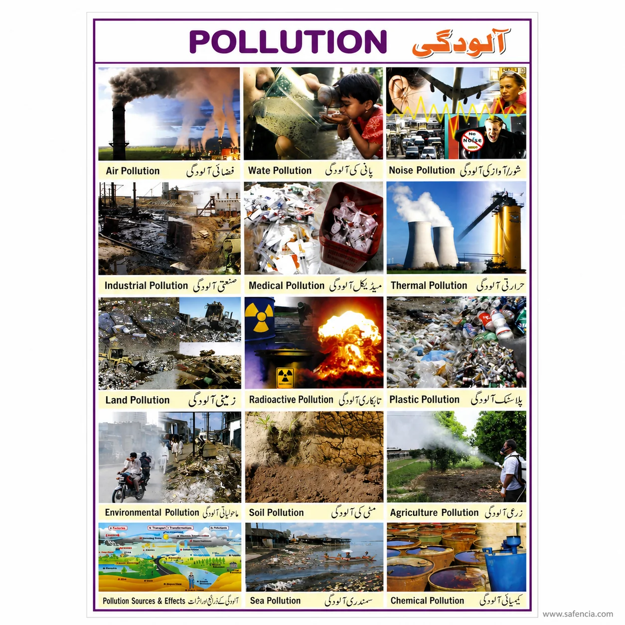 Flat view of the pollution chart showing English and Urdu captions under each photograph
