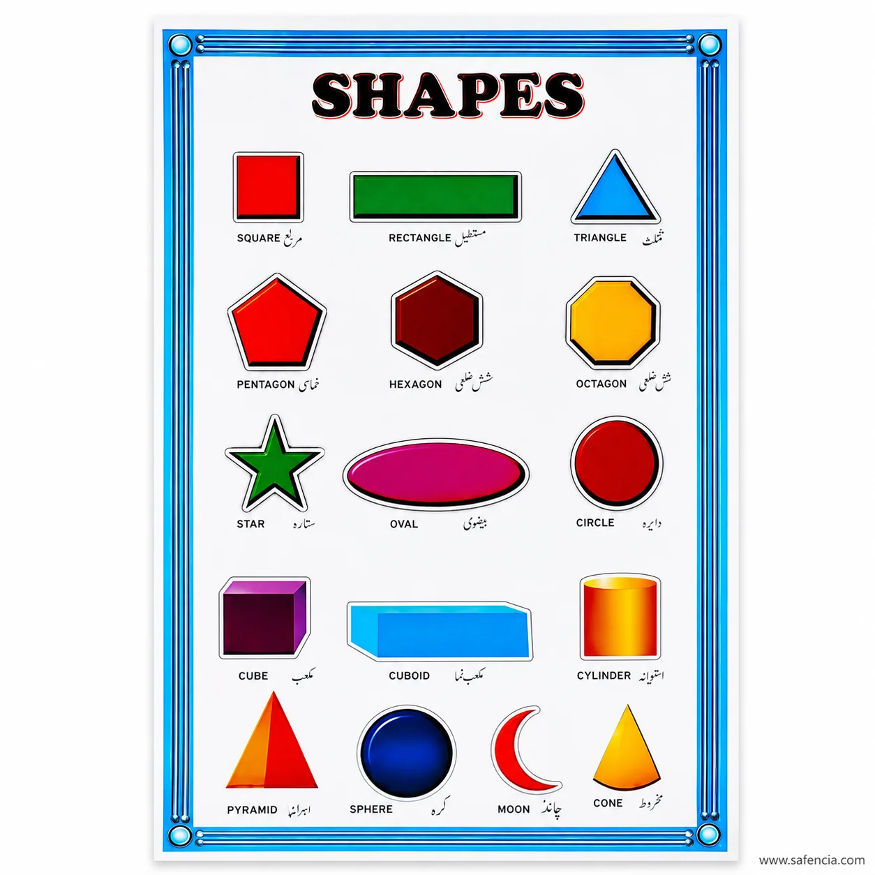 Shapes wall chart at an angle showing the shaded cube cylinder and cone
