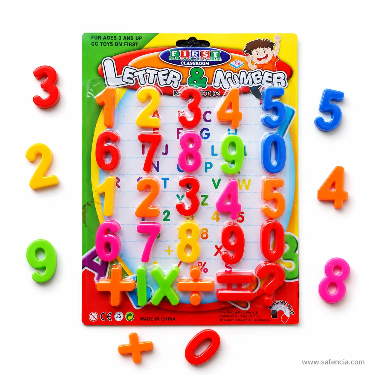 Close-up of number tiles and arithmetic symbols