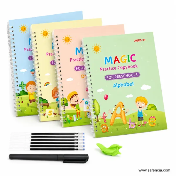 Magic Reusable Practice Copybook for Kids Pack of 4 (with Disappearing Ink Pen & Grip)