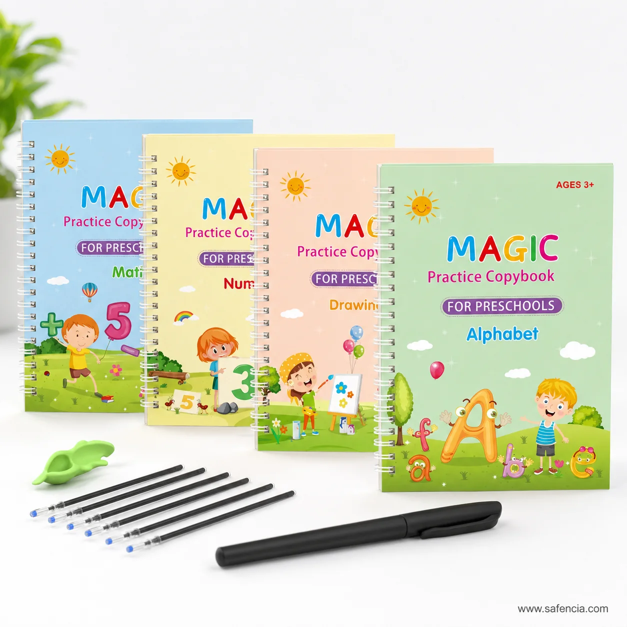 Four copybook themes: Alphabet, Math, Numbers, Drawing