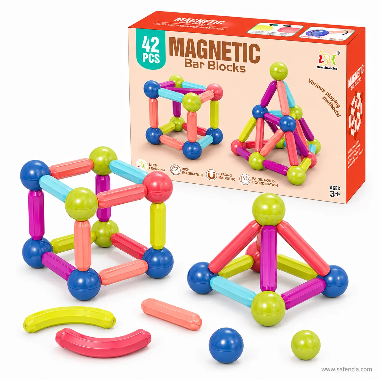 Open cube frame and pyramid frame built side by side from magnetic bar blocks