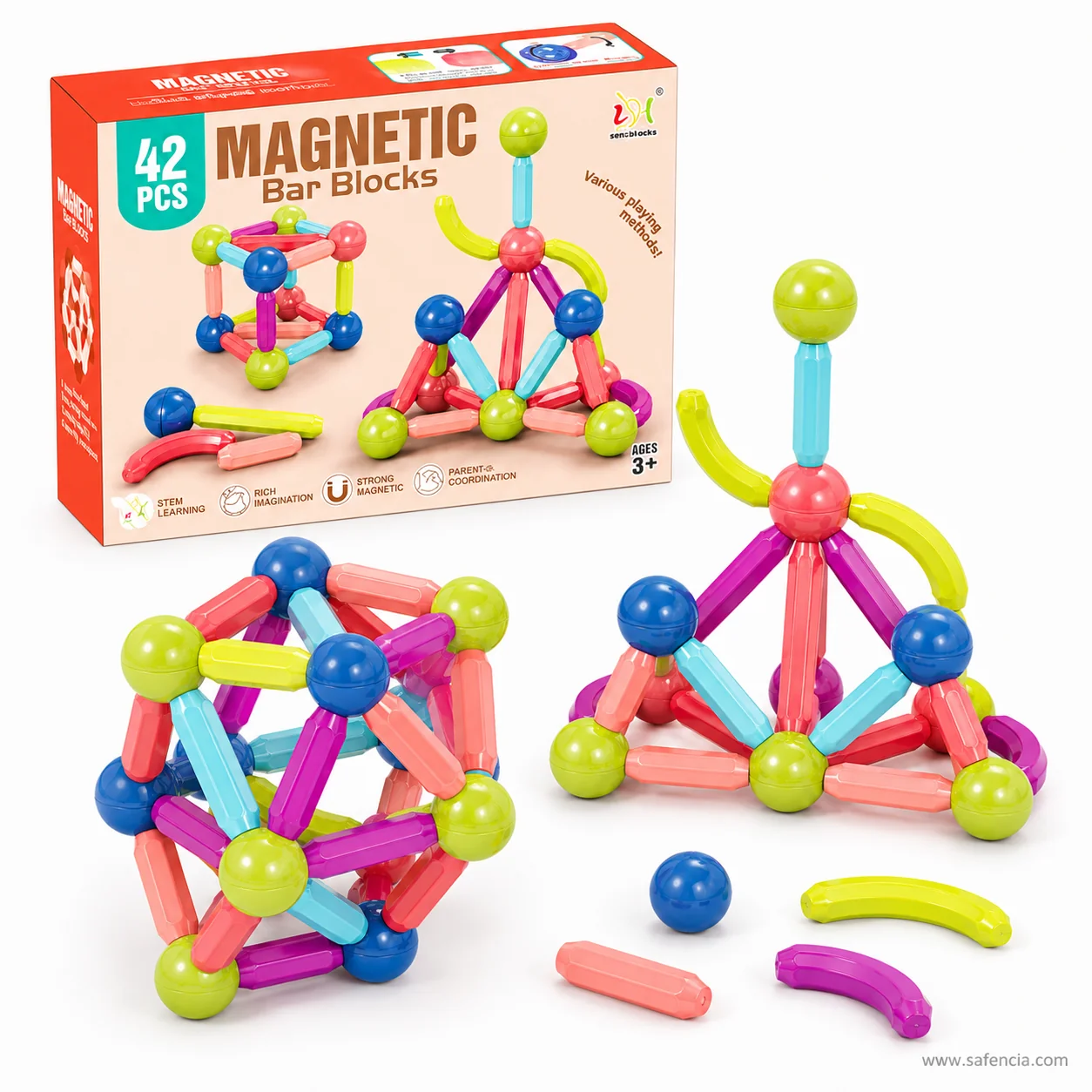 Many-sided magnetic ball frame and a pyramid built from magnetic bars and ball joints