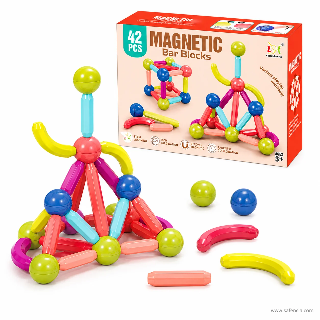 Standing figure built from magnetic bars and balls with loose balls and curved bars beside it