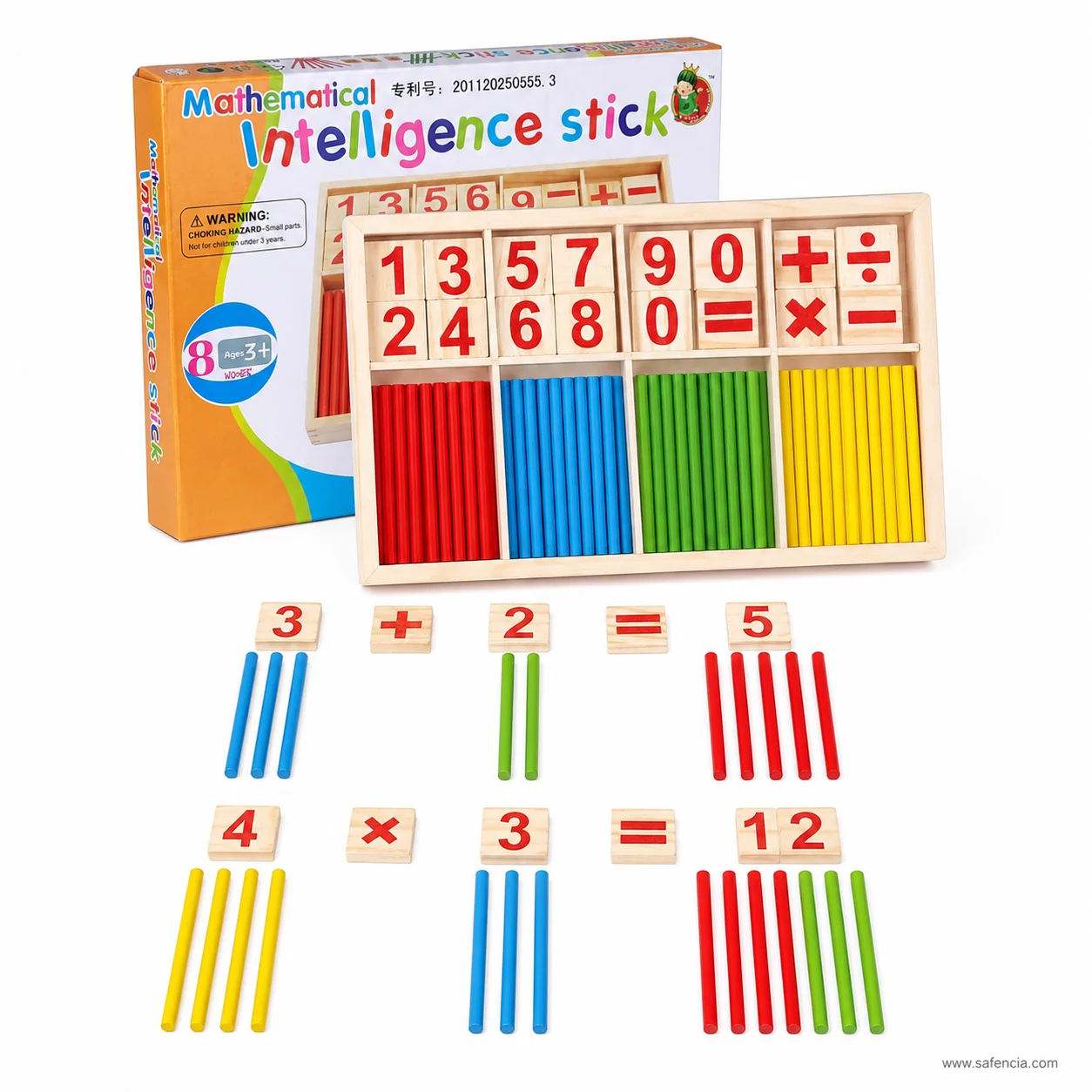 Two sums built below the counting sticks tray using number tiles and rows of coloured sticks