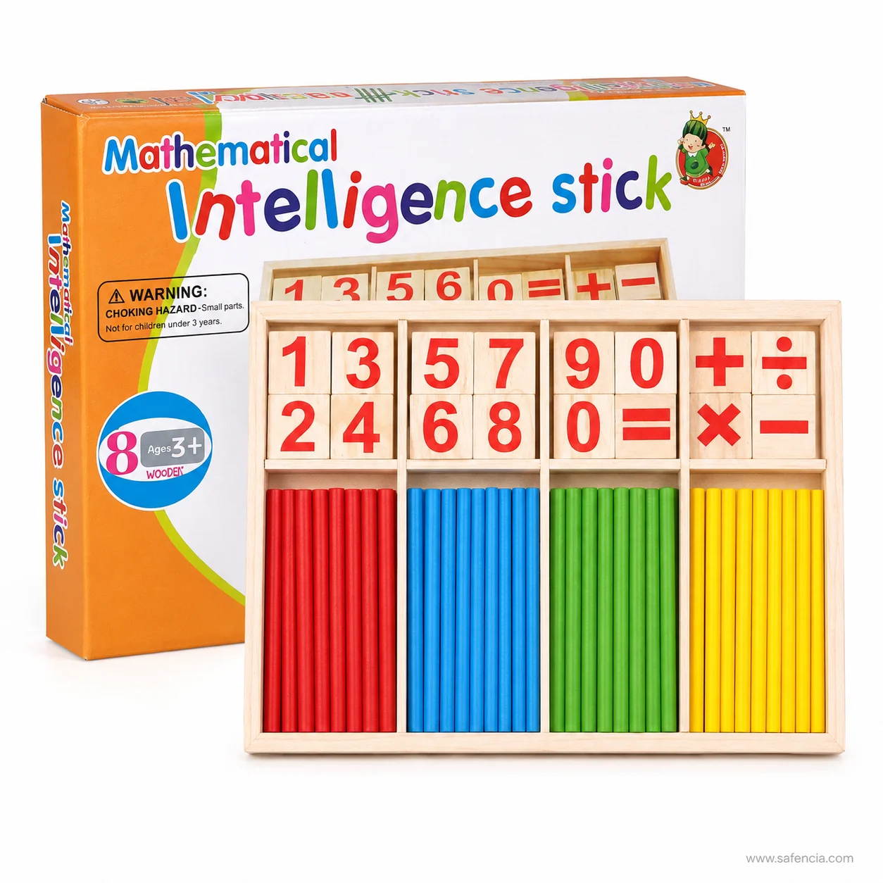 Filled counting sticks tray standing in front of the printed carton showing the age marking