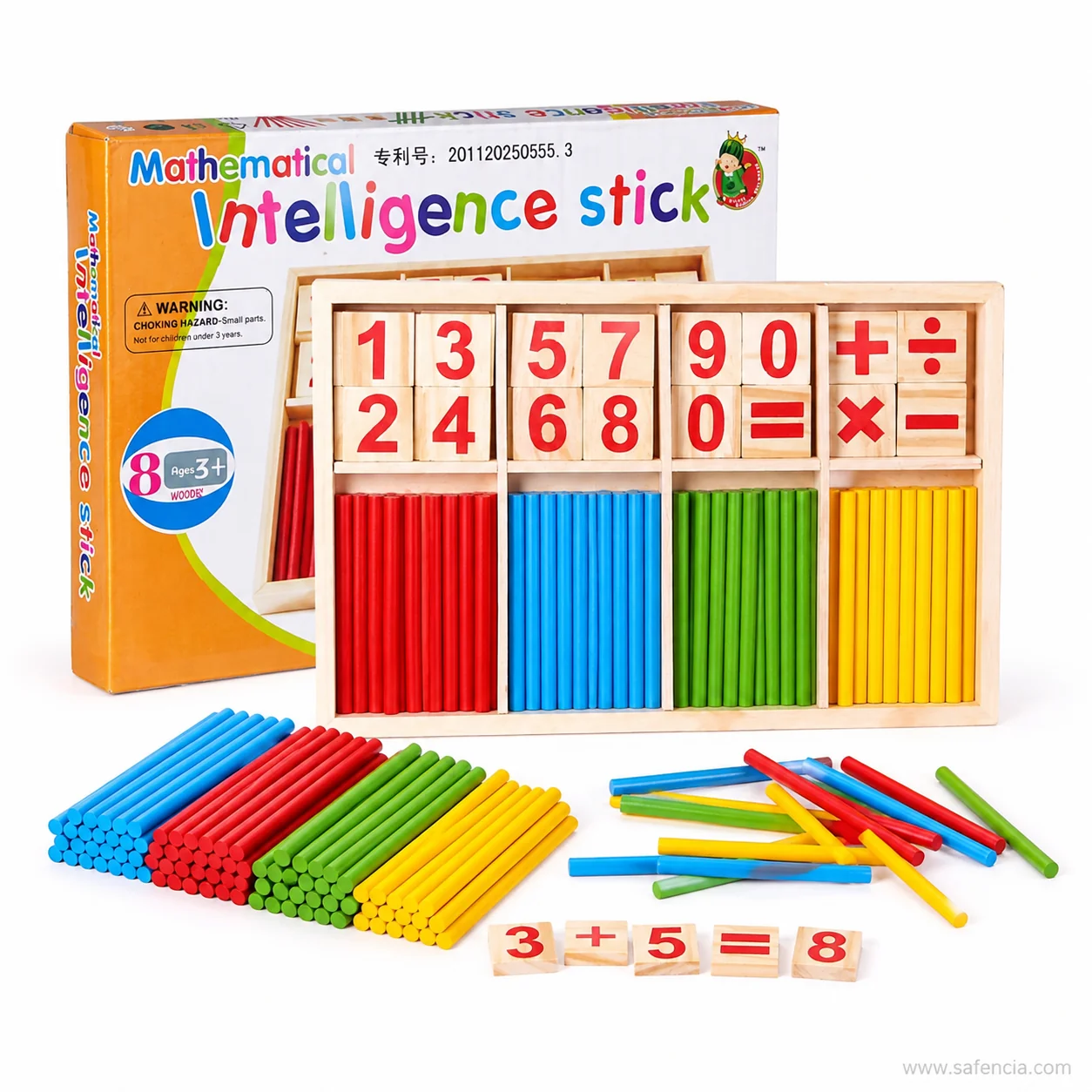 Counting sticks tray with loose coloured sticks spilled beside it and an addition built in tiles