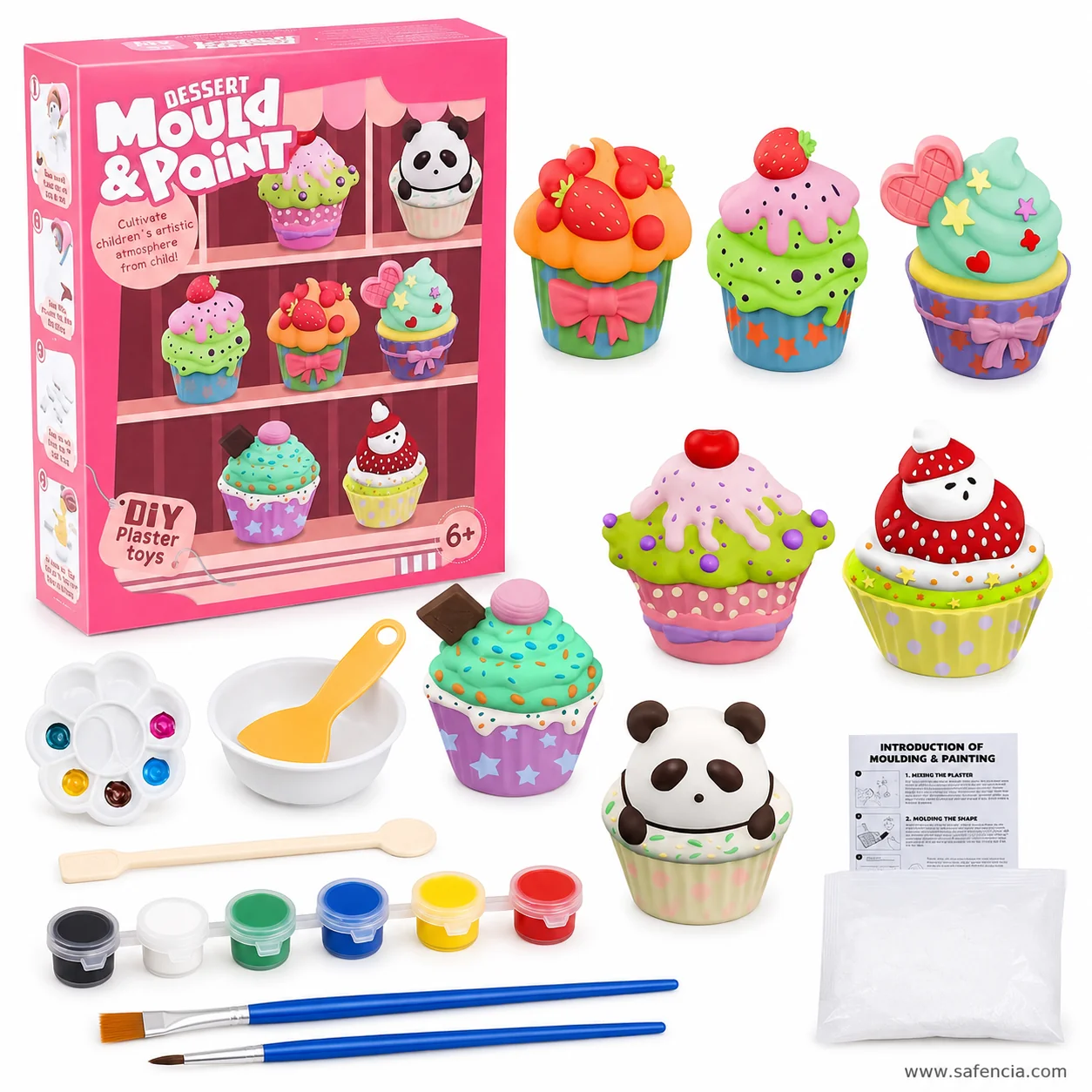 Dessert Mould and Paint kit box with painted cupcakes, plaster sachet, bowl, paints and brushes