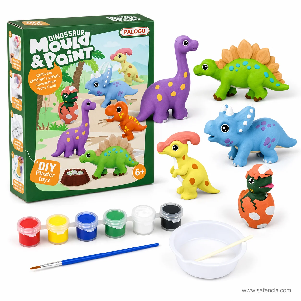 Dinosaur Mould and Paint kit box with painted brachiosaurus, stegosaurus and triceratops figures