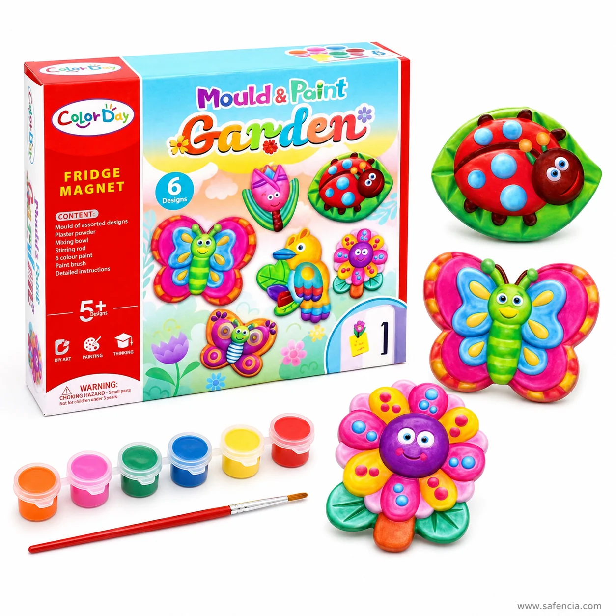 Garden Mould and Paint fridge magnet kit box with painted ladybird, butterfly and flower magnets