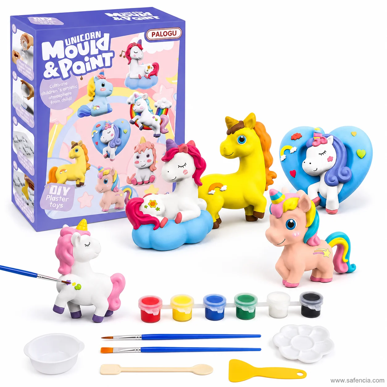 Pastel painted unicorn figures from the Mould and Paint kit with paint pots and brushes