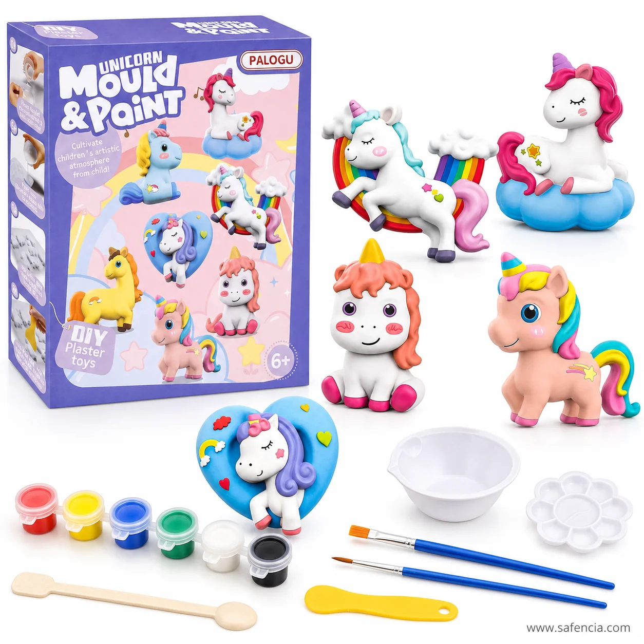 Unicorn Mould and Paint kit box with painted unicorns on clouds and a heart plaque