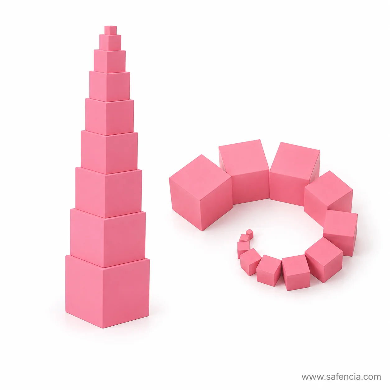 Child placing smallest pink cube on tower top