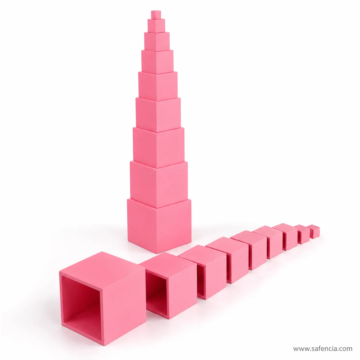 Pink tower cubes arranged horizontally in spiral design
