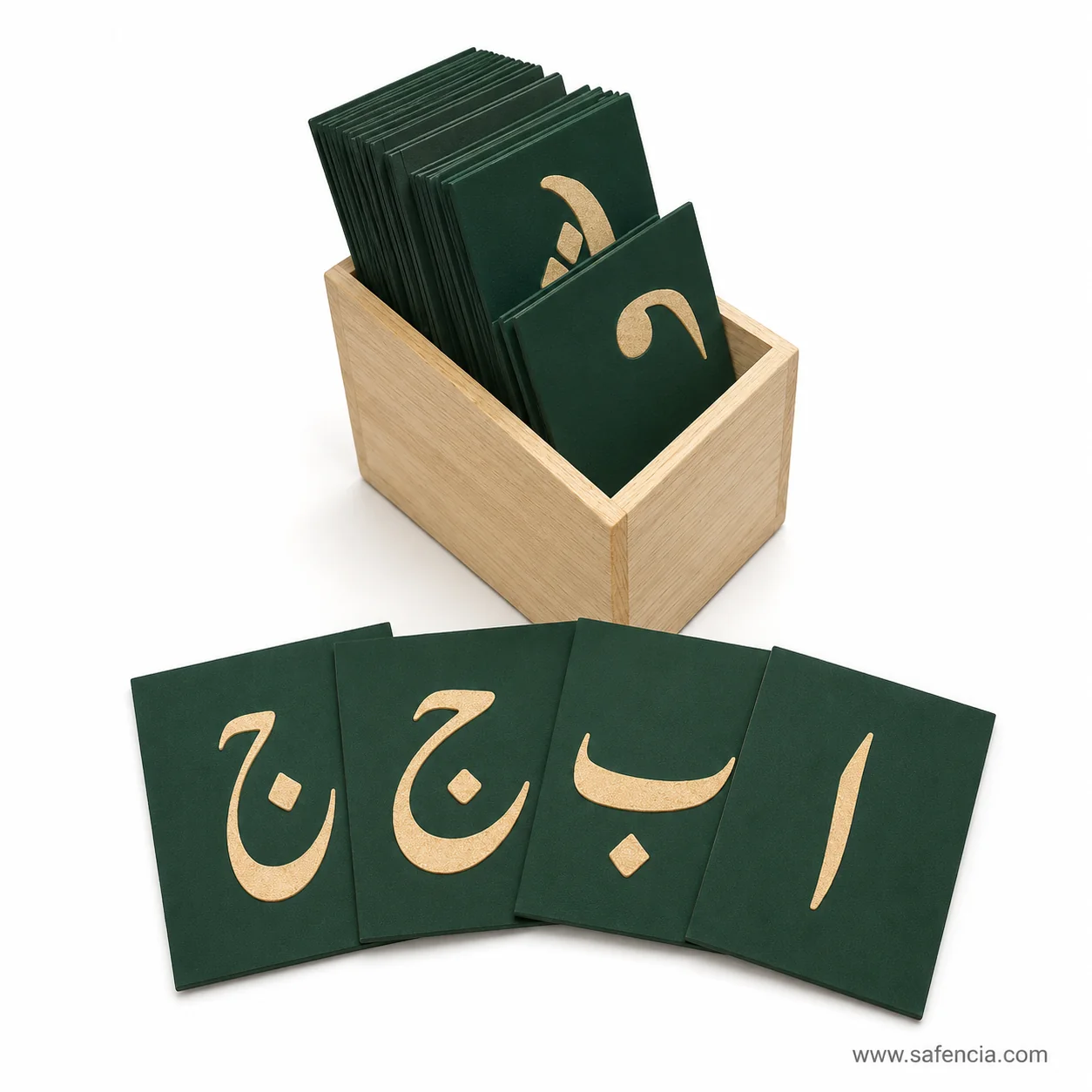 Urdu Haroof-e-Tahajji cards arranged in box