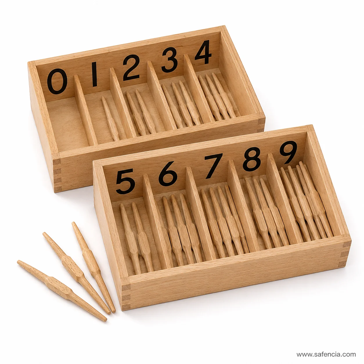 Child placing wooden spindles into numbered compartment