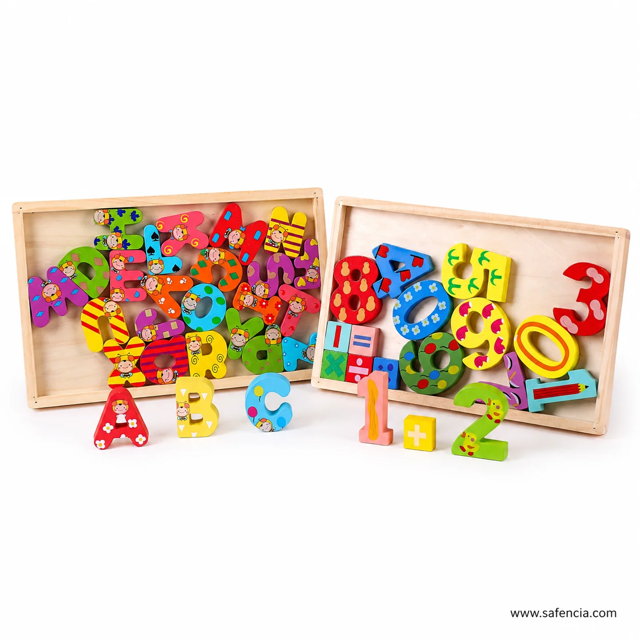 Wooden tray of chunky patterned number pieces alongside plus multiply divide and equals signs