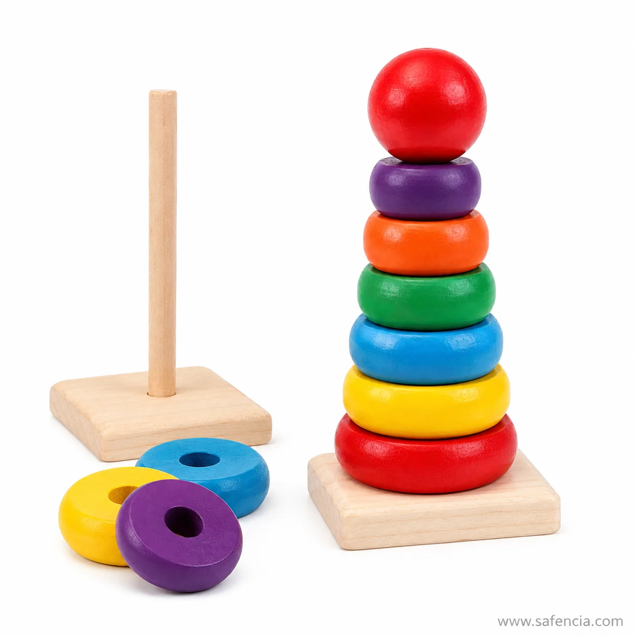 Rainbow tower with rings lifted off showing the bare wooden post on its square base