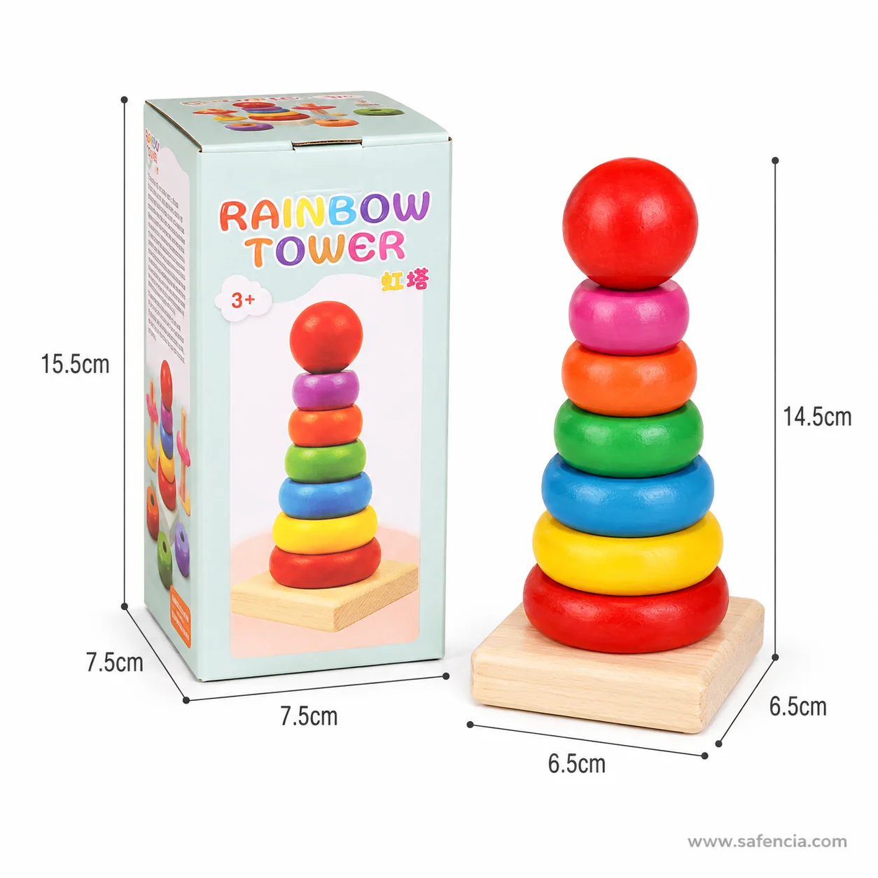 Rainbow Tower printed box beside the stacker with measurements of 14.5 cm and a 6.5 cm base