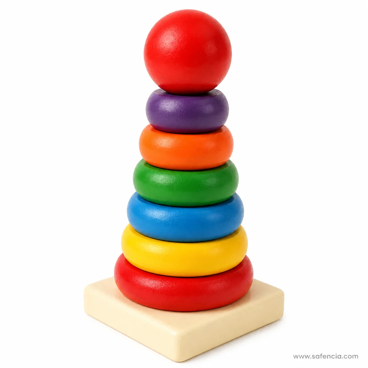 Side view of the completed rainbow ring stacker showing the rounded doughnut profile of each ring