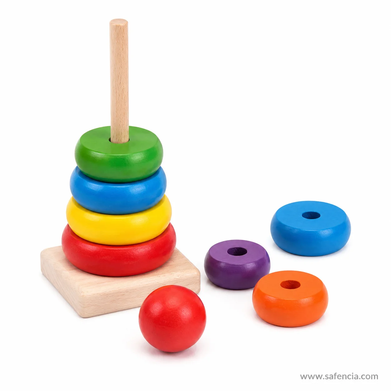 Rainbow tower rings laid flat beside the post showing how the sizes grade down