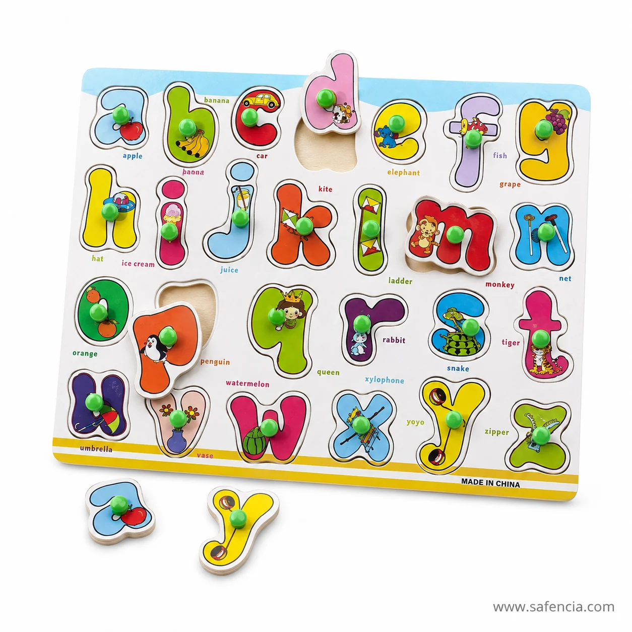Small letters knob puzzle board at an angle with the d, o and x letter pieces lifted out