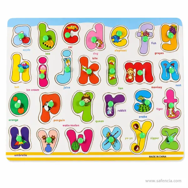 Small Letters Wooden Knob Puzzle Board (a-z with Pictures and Words)